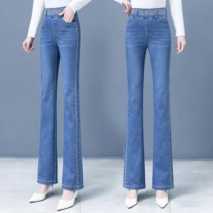 Calça Jeans Flare Amélia™ com Cintura Alta Elástica / A Calça da Mulher se Veste Bem em Todos os Sentidos!